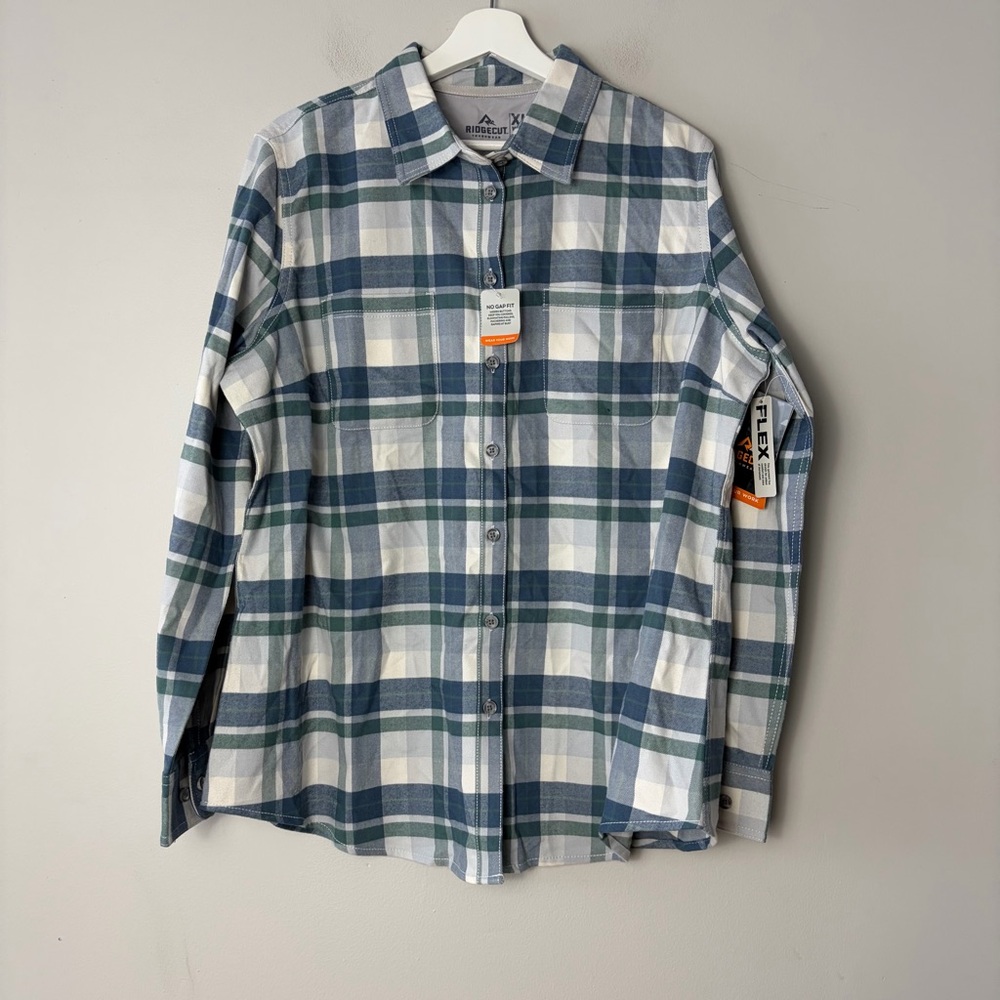 NWT Ridgecut Toughwear Blue Plaid Thick‎ Button Down Women's XL